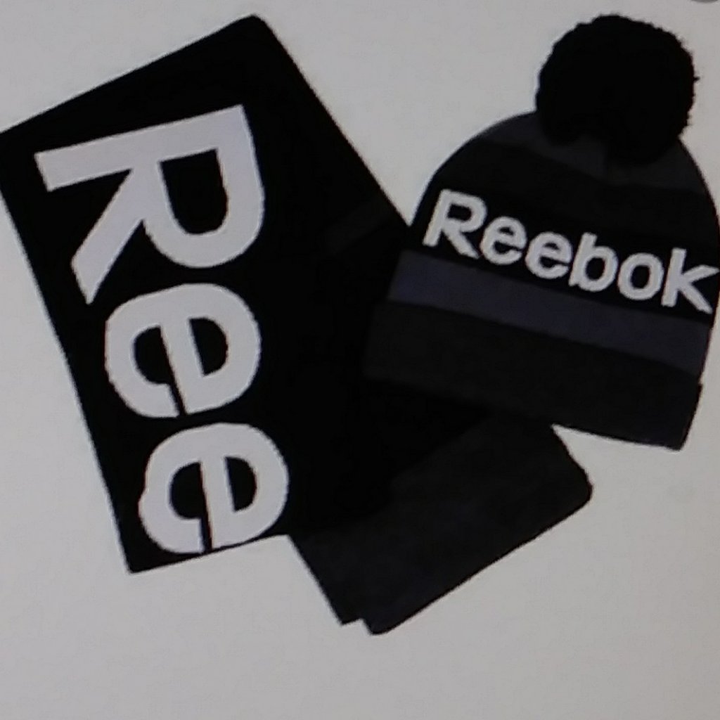 Reebok Men's Pompom Beanie And Scarf Set Black/Grey Os